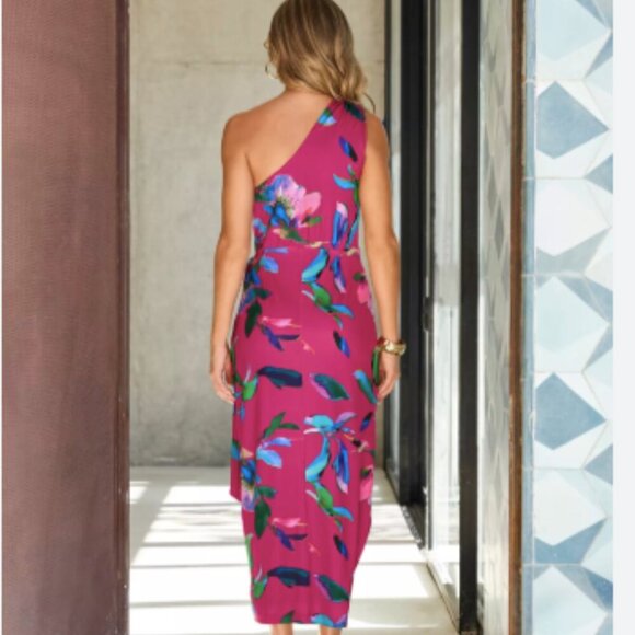 Boston Proper Watercolor Abstract Print One Shoulder Tie Waist Knit Midi Dress - Picture 2 of 9